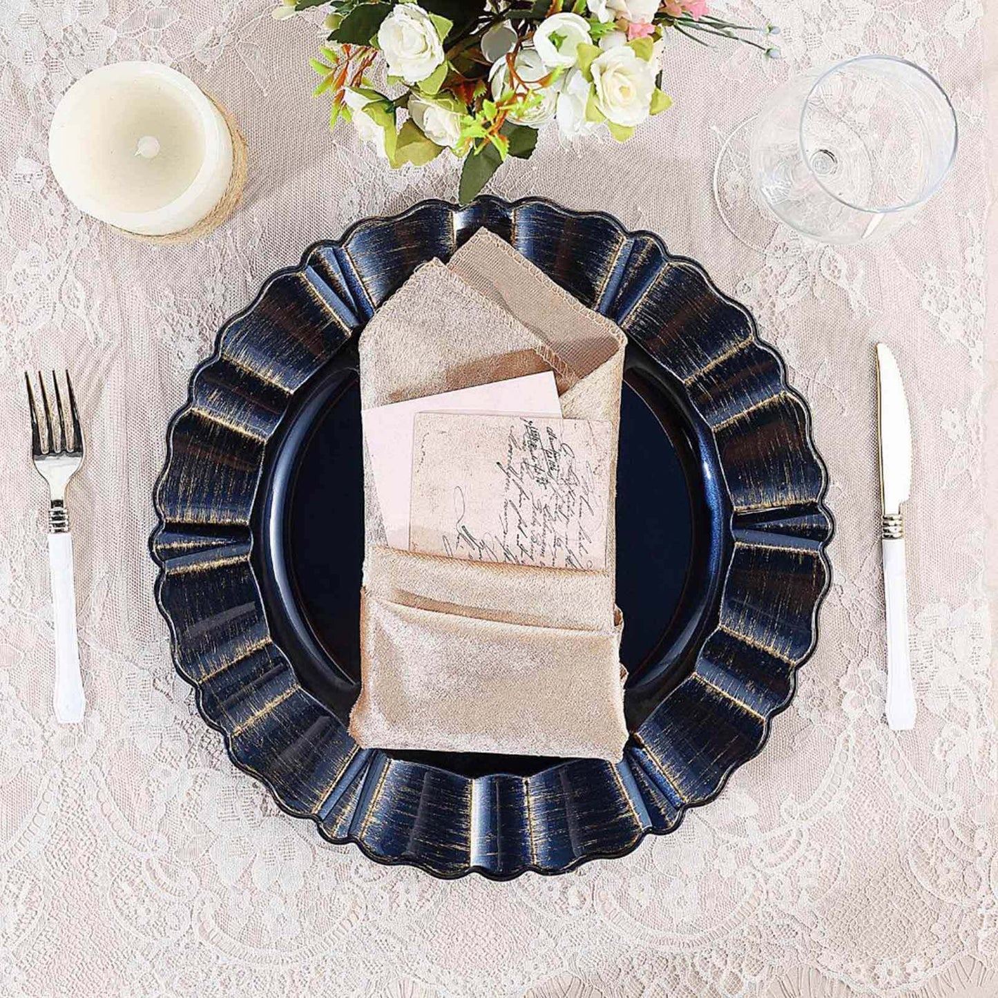 6-Pack Acrylic Plastic Round Charger Plates 13" in Navy Blue with Gold Brushed Wavy Scalloped Rim, Decorative Dinner Party Charger Tableware