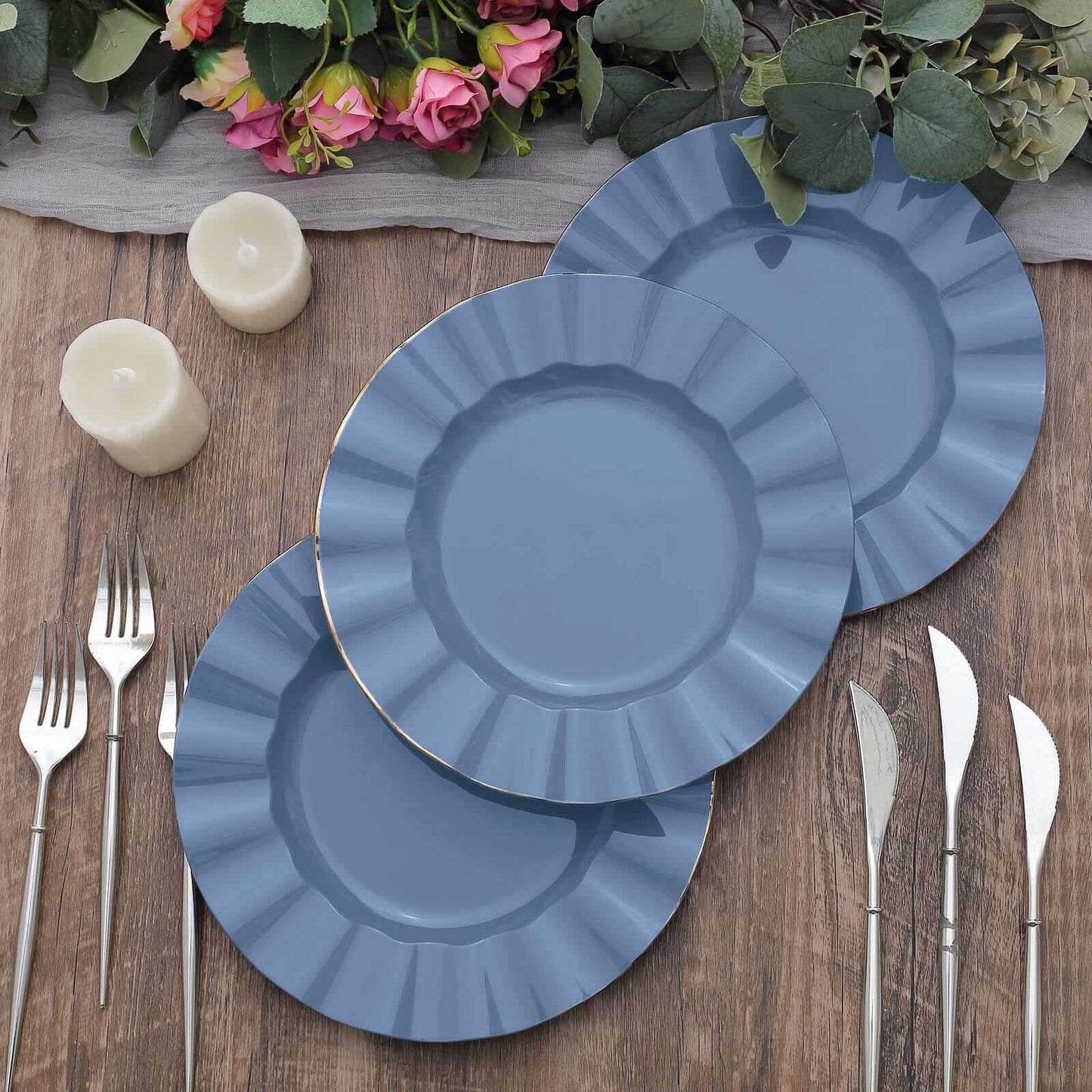 10-Pack Plastic 9" Round Dinner Plates in Ocean Blue Ruffled Rim with Gold Edging - Sturdy Disposable Dinnerware