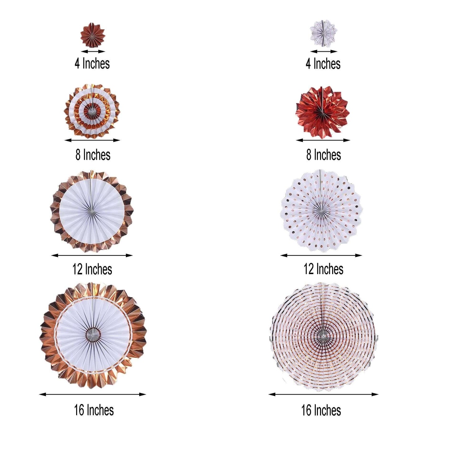 Set of 8 Gold Rose Gold Hanging Paper Fan Decorations, Pinwheel Wall Backdrop Party Kit - 4", 8", 12"