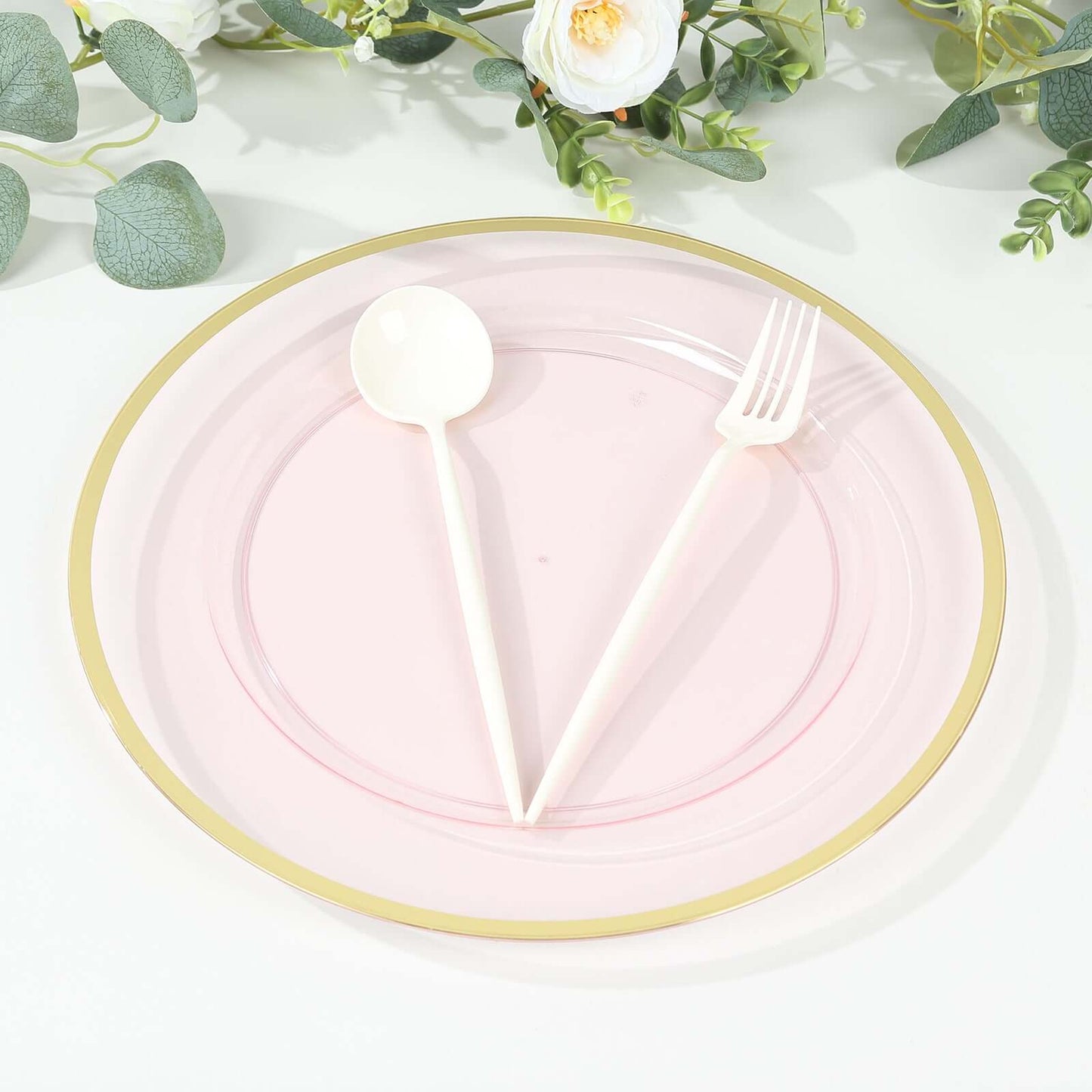 10-Pack Economy Plastic Round Charger Plates 12" in Transparent Blush with Wide Gold Rim, Decorative Dinner Party Serving Plates
