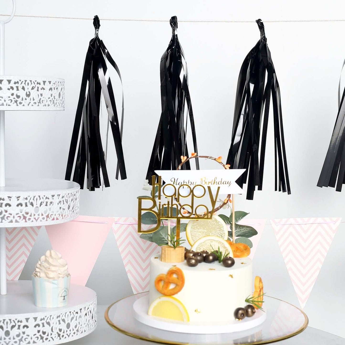 7.5ft Long Metallic Black Foil Tassels Fringe Garland, Tinsel Streamer Party Backdrop Decorations