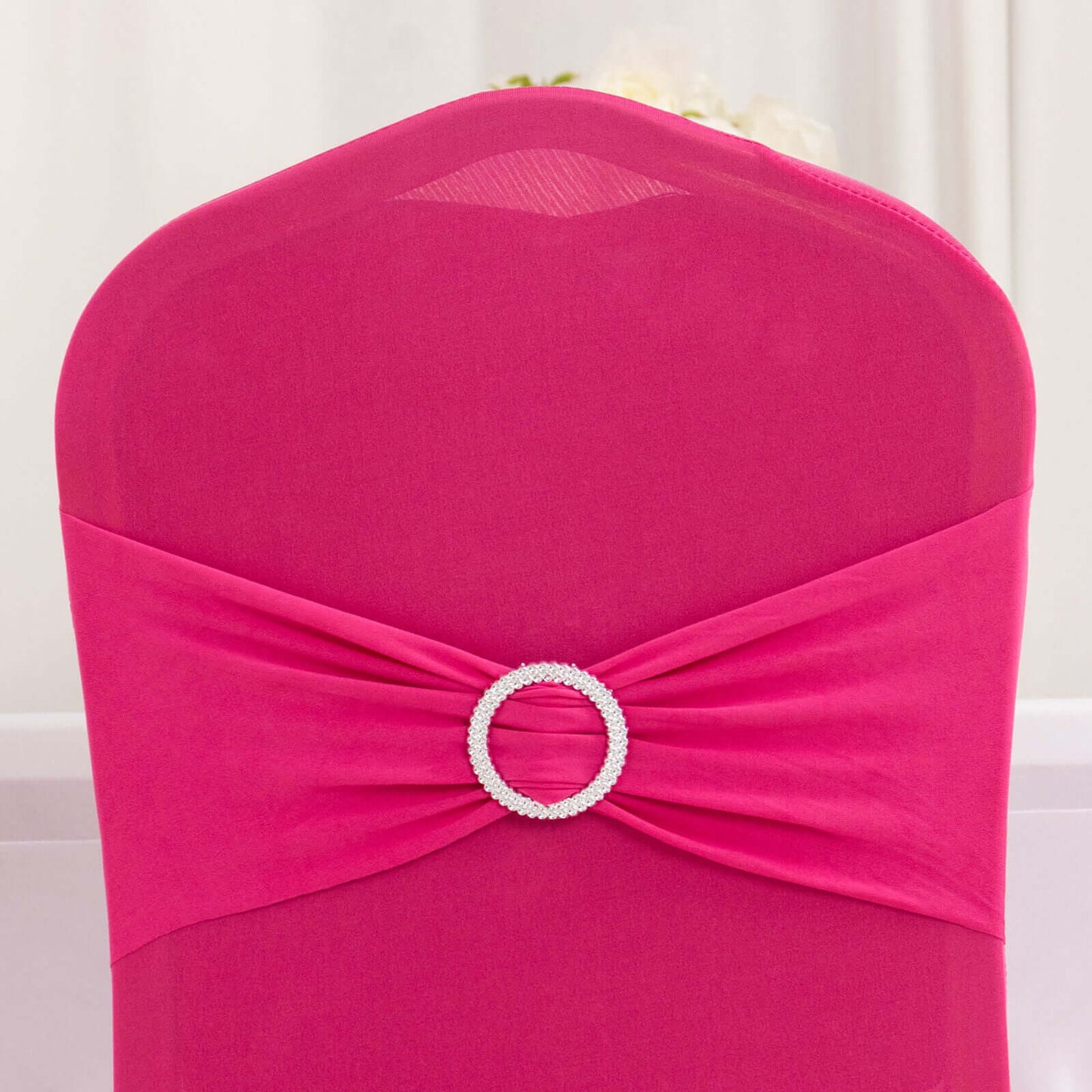 Spandex Chair Cover with Silver Rhinestone Buckled Sash Band Fuchsia - Stretch Fitted Slipcover