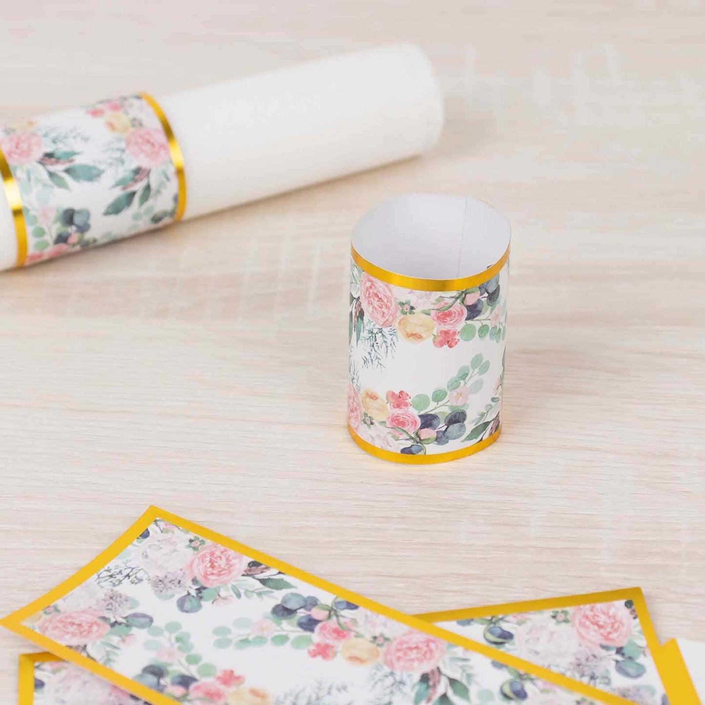 50 Pack Pink Peony Floral Paper Napkin Holder Bands with Gold Edge, Disposable Napkin Rings - 1.5"