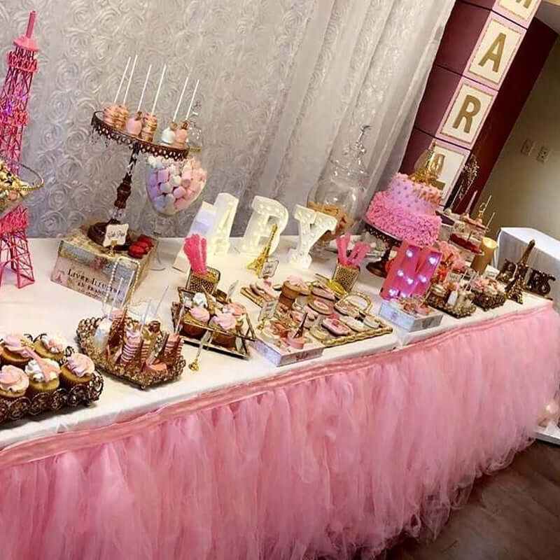 Tulle 21ft Table Skirt Pink/Rose Quartz - 4 Layer Pleated Tutu Table Cover