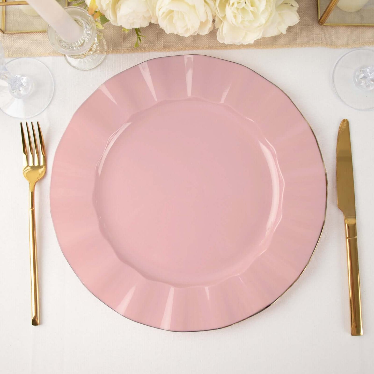 10-Pack Plastic 11" Round Dinner Plates in Dusty Rose Ruffled Rim with Gold Edging - Sturdy Disposable Dinnerware