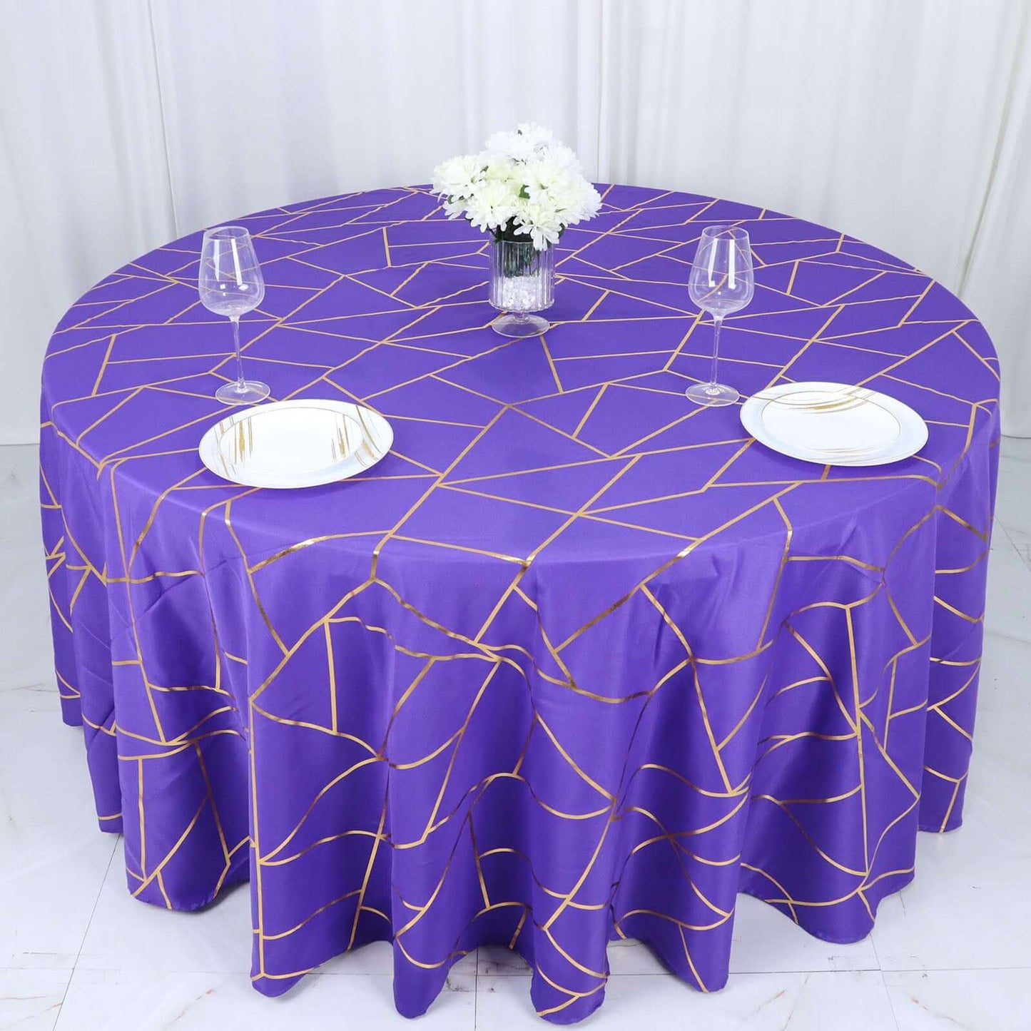 Polyester 120" Round Tablecloth Purple with Gold Foil Geometric Pattern Wrinkle-Resistant Seamless Table Cover