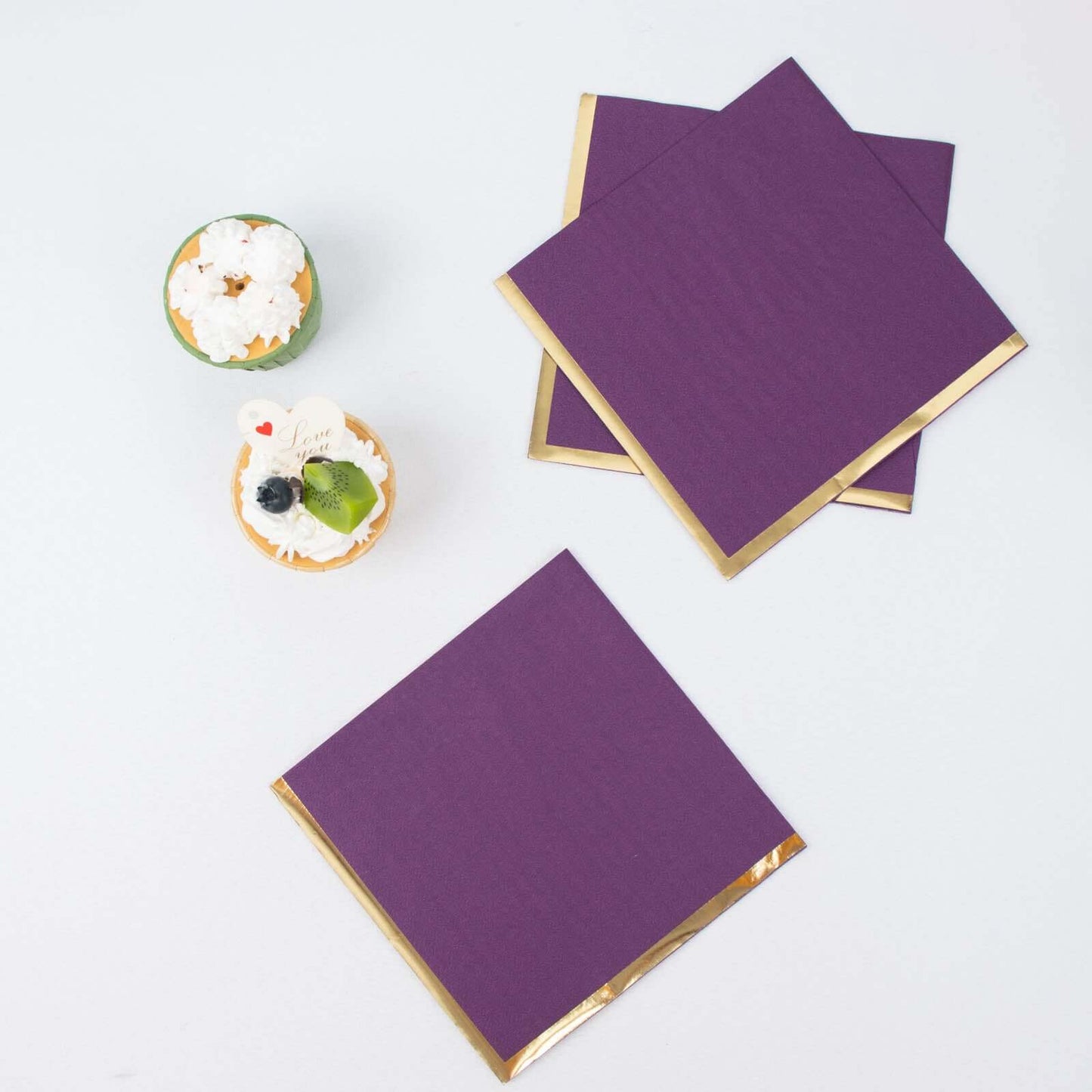 50-Pack Paper Beverage Napkins with Gold Foil Edge Purple - Disposable 2 Ply Cocktail Napkins for Events 6.5"x6.5"