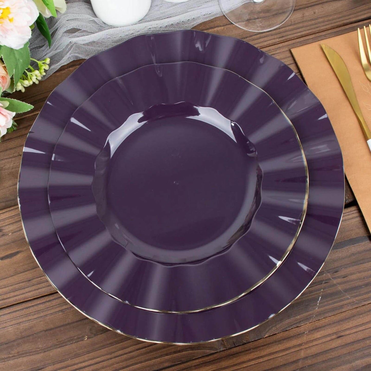 10-Pack Plastic 9" Round Dinner Plates in Purple Ruffled Rim with Gold Edging - Sturdy Disposable Dinnerware