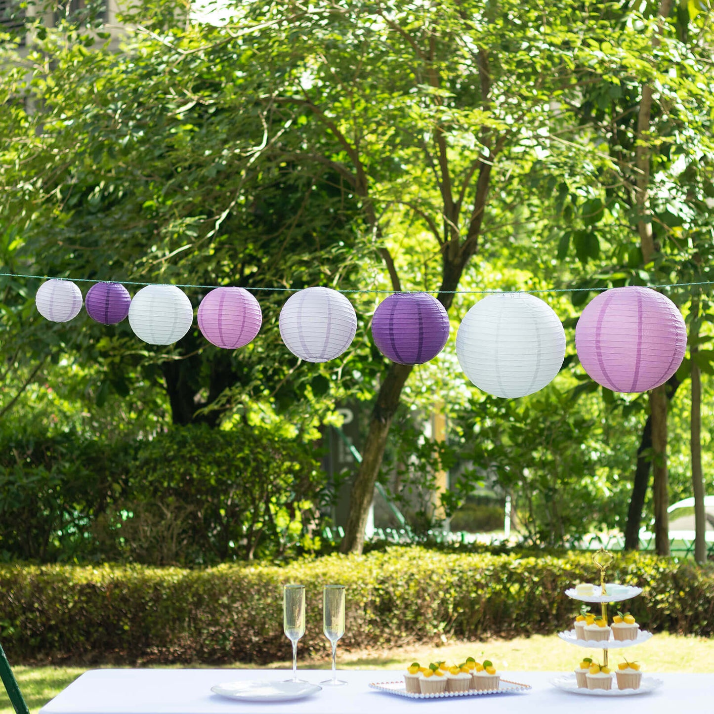 Set of 8 Mixed Purple White Hanging Paper Lanterns, Decorative Round Chinese Sky Lanterns, Assorted Sizes - 6",8",10",14"