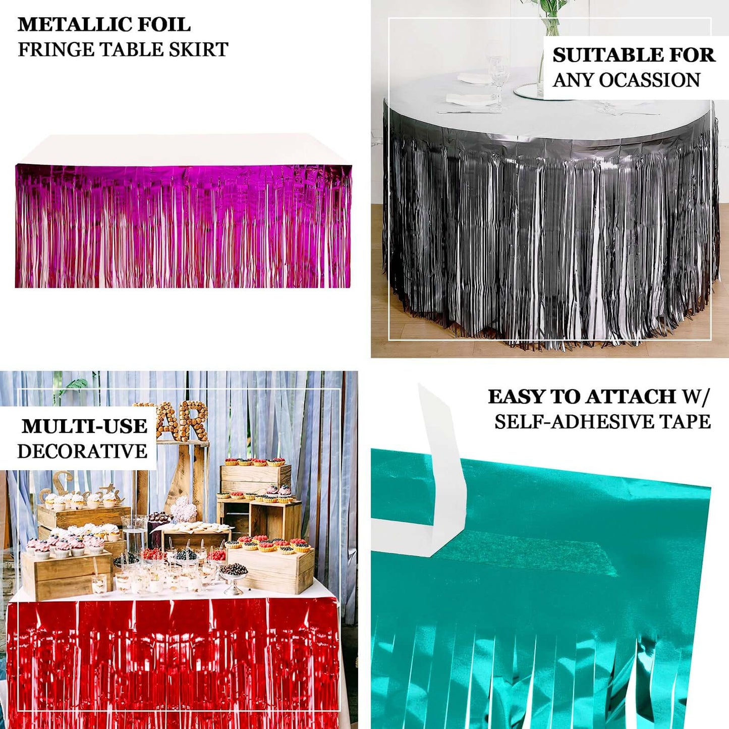 Metallic Foil Fringe Table Skirt Matte Red with Self Adhesive Backing - Durable Tinsel Skirt for Parties 30"x9ft