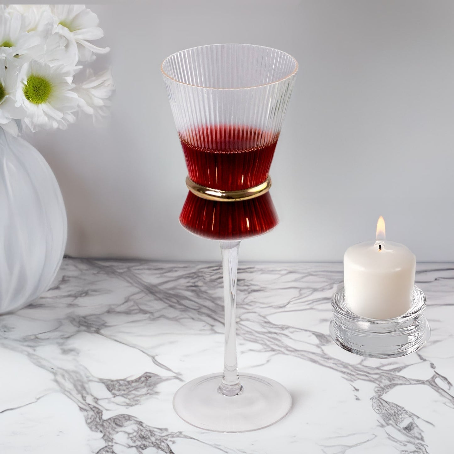 6-Pack Clear Wine Glasses â€“ 9oz Real Glass, Ribbed Design with Gold Ring Accent, Elegant Glassware for Celebrations â€“ 9" Tall