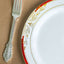 10 Pack White With Red Rim 10" Plastic Dinner Plates, Round With Gold Vine Design