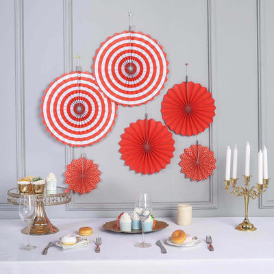 Set of 6 Red Hanging Paper Fan Decorations, Pinwheel Wall Backdrop Party Kit - 8", 12", 16"