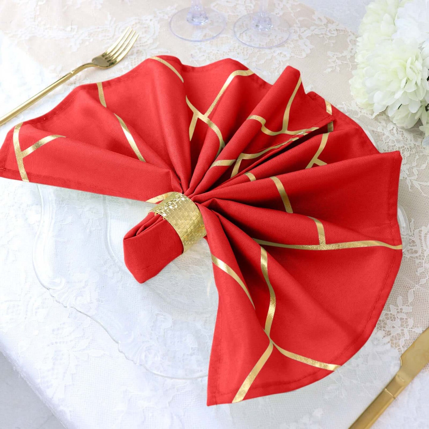 5 Pack Polyester 20"x20" Napkins Red with Gold Geometric Foil Pattern - Modern Reusable Dinner Napkins
