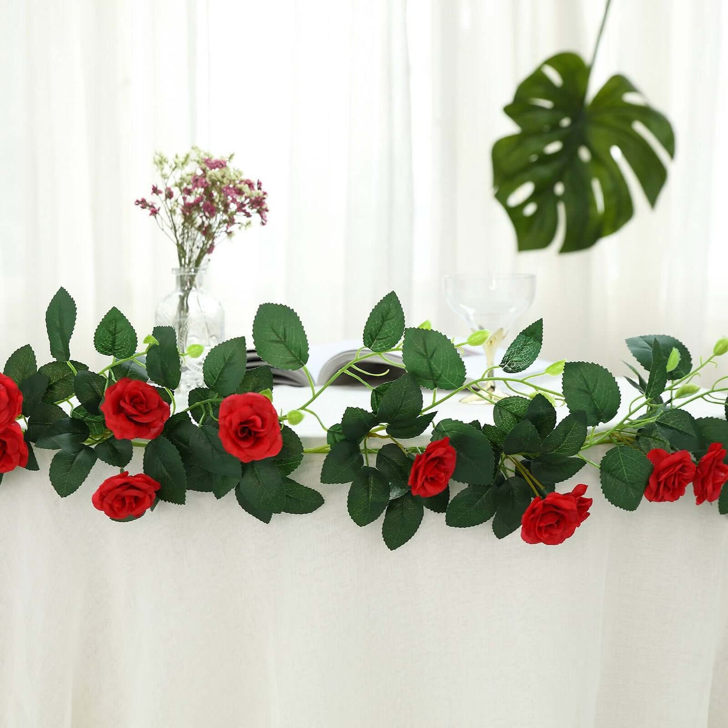 6ft 20 Red Artificial Silk Roses Flower Garland, Hanging Vine