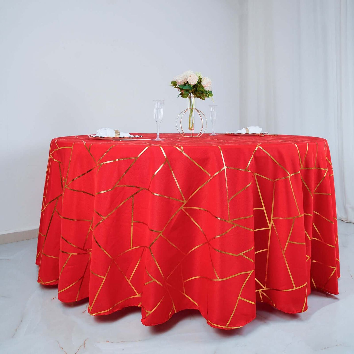 Polyester 120" Round Tablecloth Red with Gold Foil Geometric Pattern Wrinkle-Resistant Seamless Table Cover