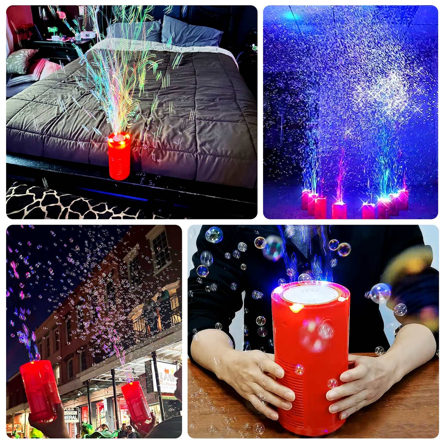 Fireworks Bubble Machine with RGB Lights and Realistic Sound â€“ 8.5â€ Automatic Bubble Blower for Kids, 20 holes 240ml Solution