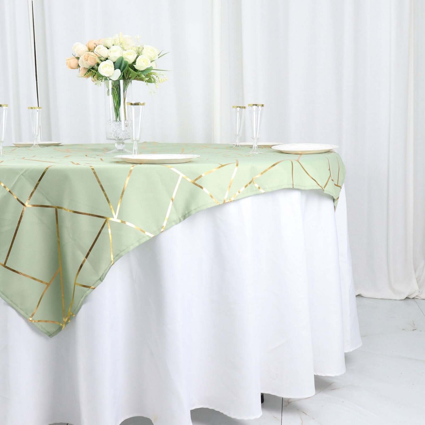 Polyester 54"x54" Table Overlay Square Tablecloth Sage Green with Gold Foil Geometric Pattern - Wrinkle-Resistant & Durable for Stylish Settings