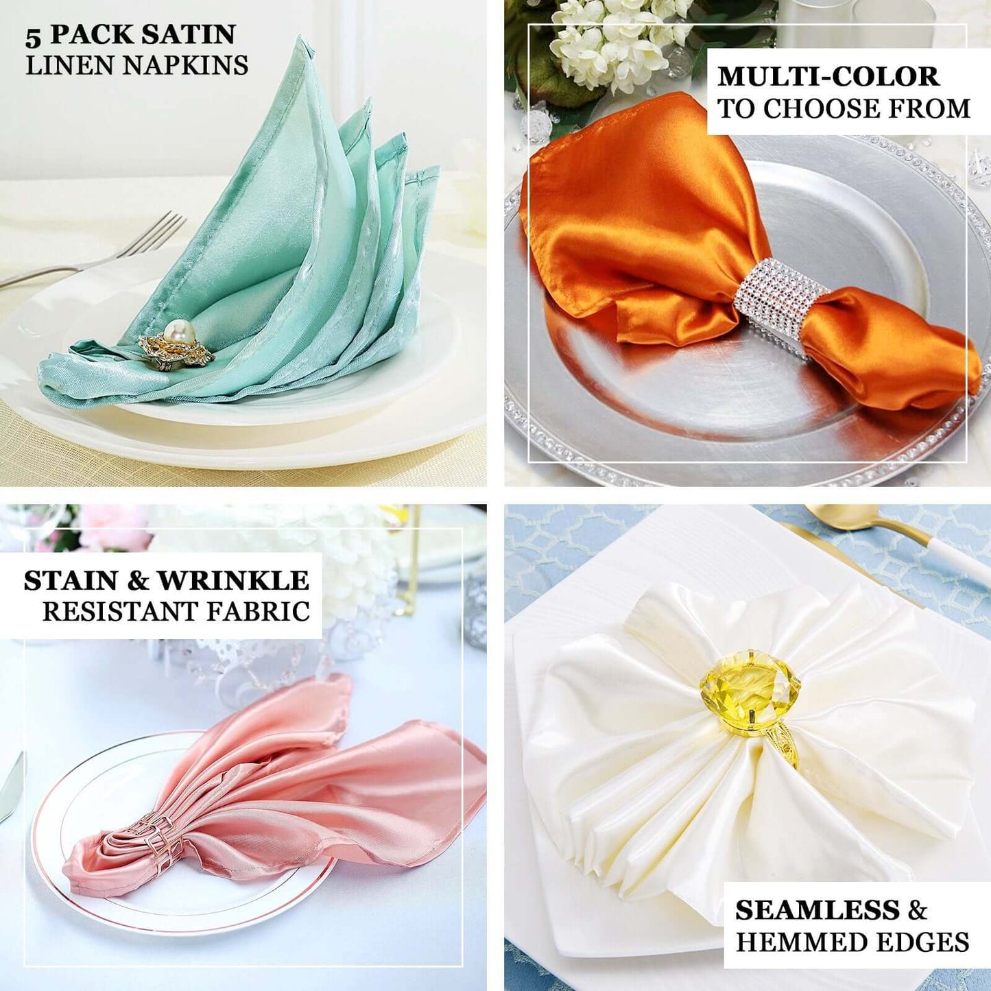 5 Pack Satin 20"x20" Napkins Nude - Luxurious Shine & Smooth Dinner Napkins