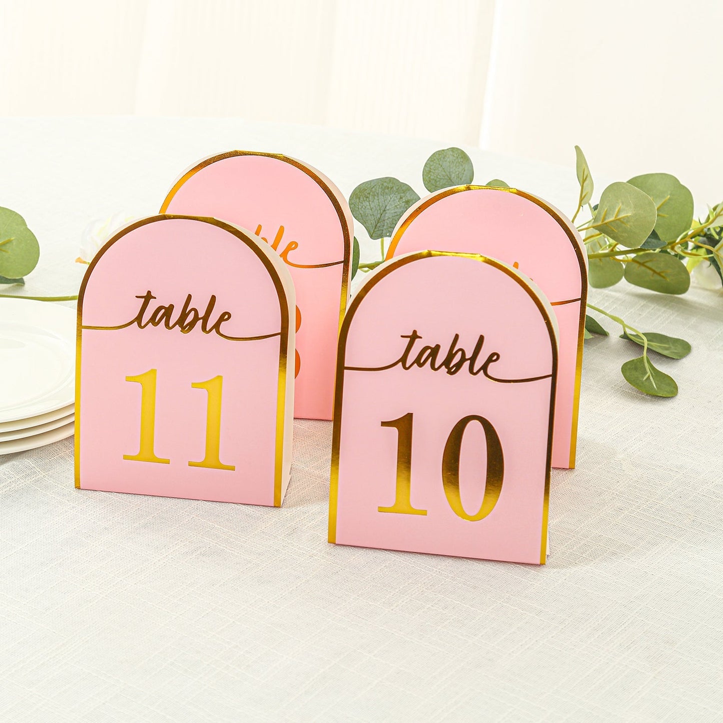 25-Pack 7" Disposable Table Numbers, Blush Free Standing Double Sided Table Number Place Cards with Metallic Gold Foil Numbers 1-25