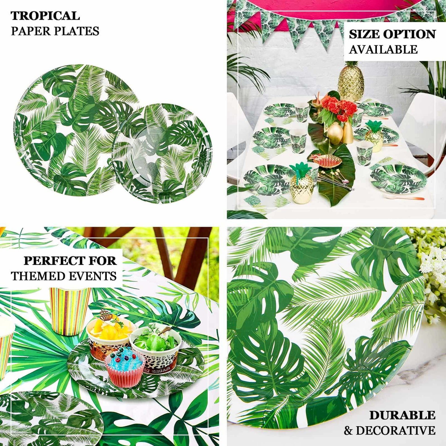 25-Pack Paper 9" Round Dinner Plates in White with Tropical Palm Leaf Design - Disposable 300GSM Party Plates for Luau & Summer Gatherings