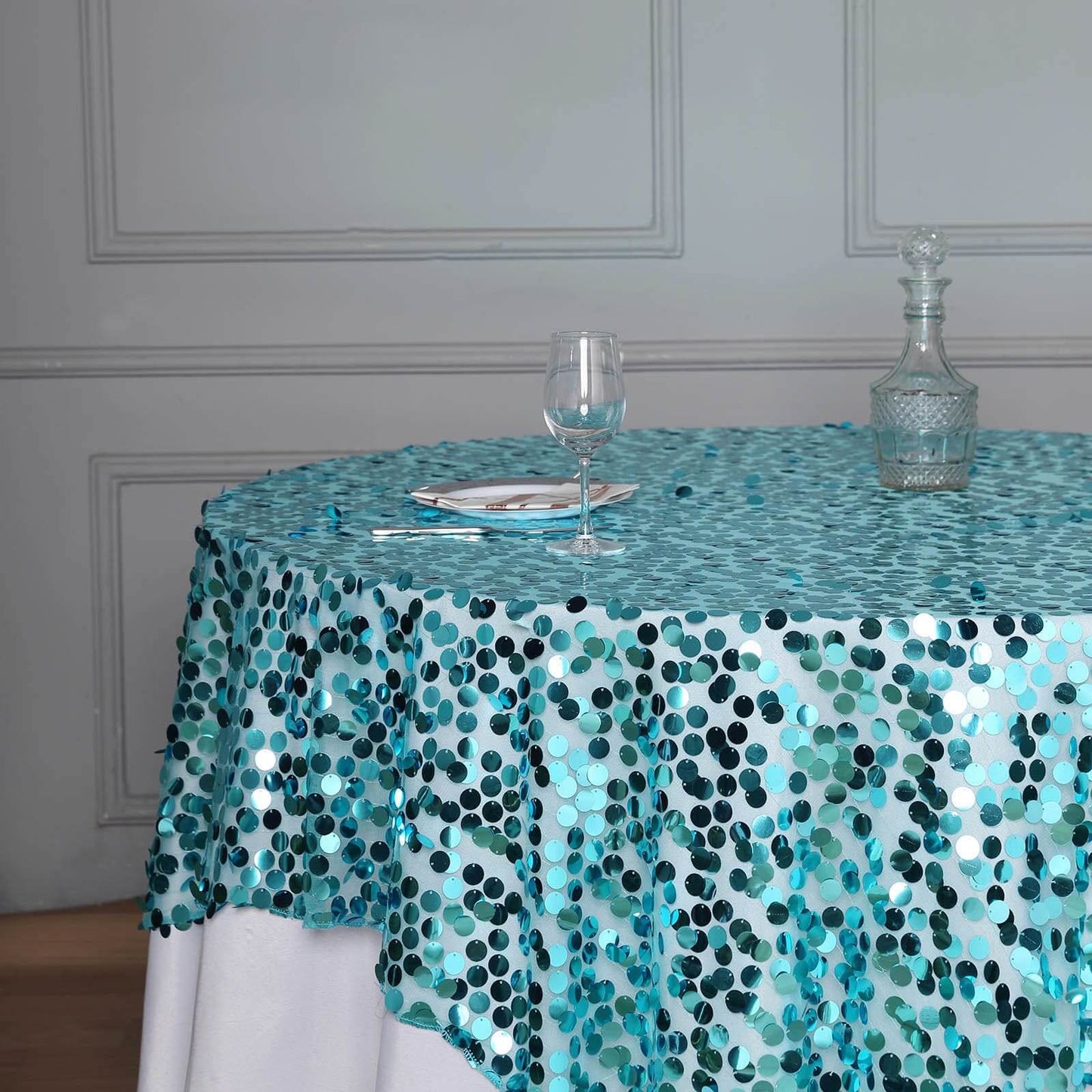 Sequin 72"x72" Table Overlay Square Tablecloth Turquoise - Big Payette Table Cover
