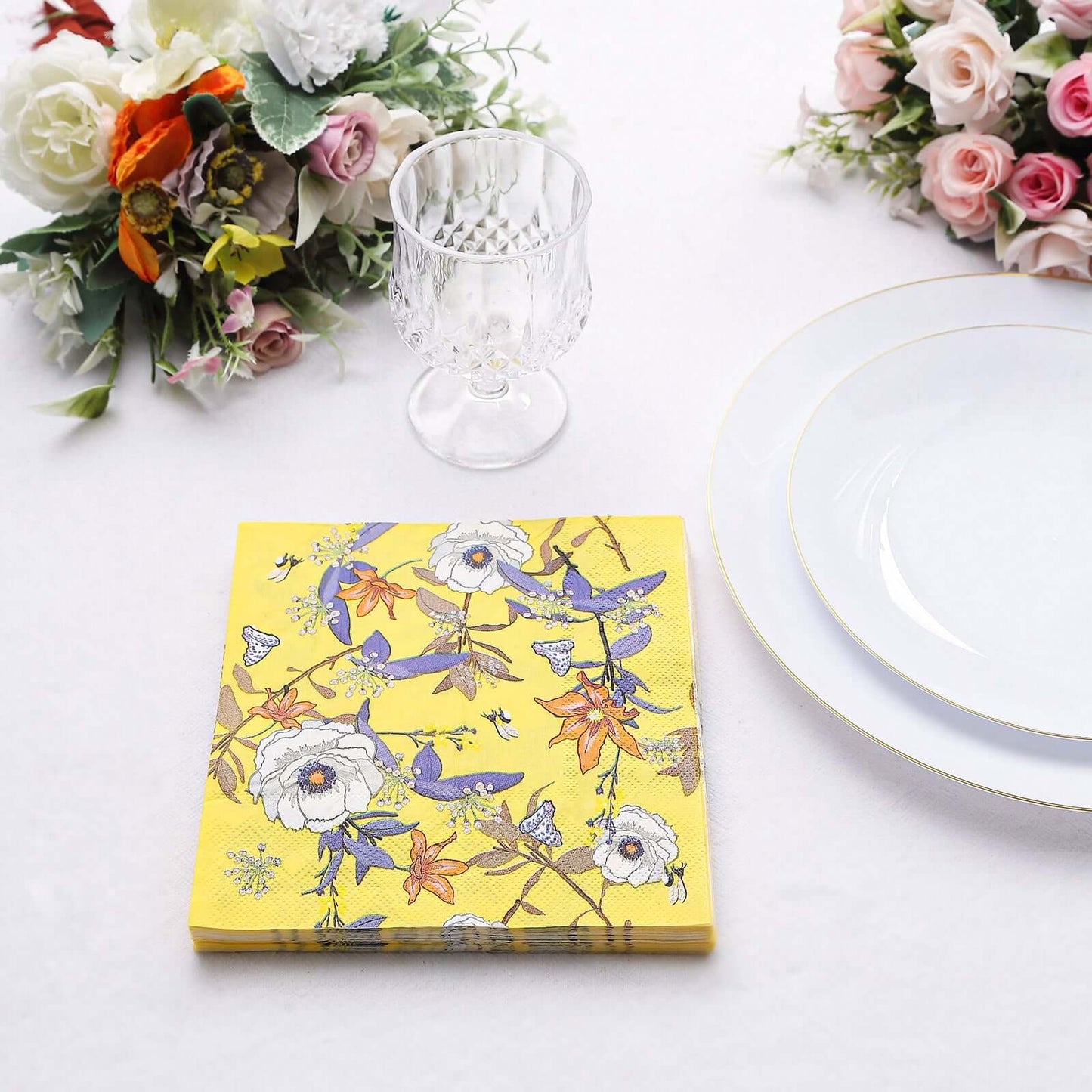 20-Pack Paper Beverage Napkins with Blooming Flowers Design Yellow - 2 Ply Soft 18GSM Floral Wedding Napkins 6.5"x6.5"