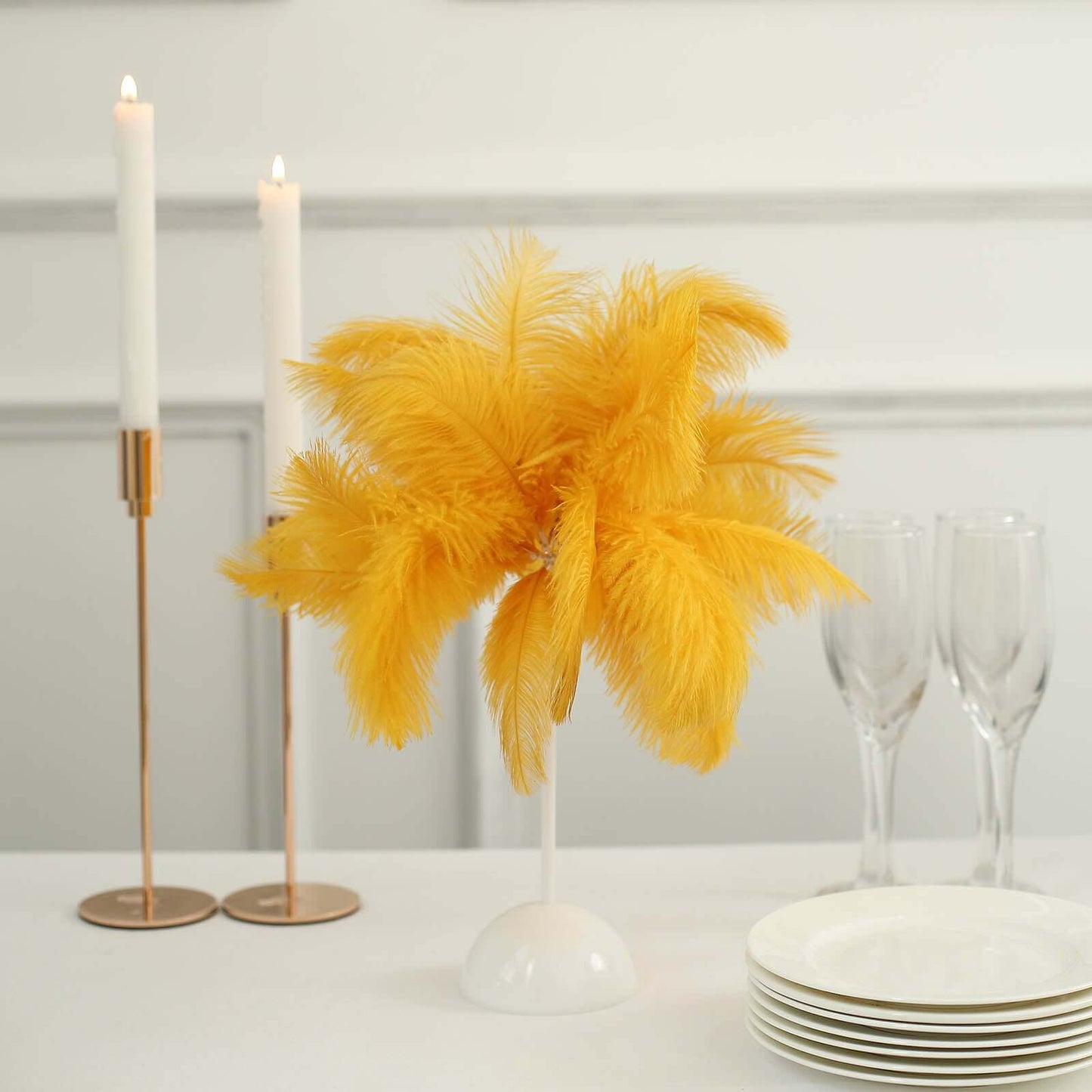 Table Lamp Ostrich Feather Design Gold LED Battery Operated - Cordless Wedding Centerpiece 15"