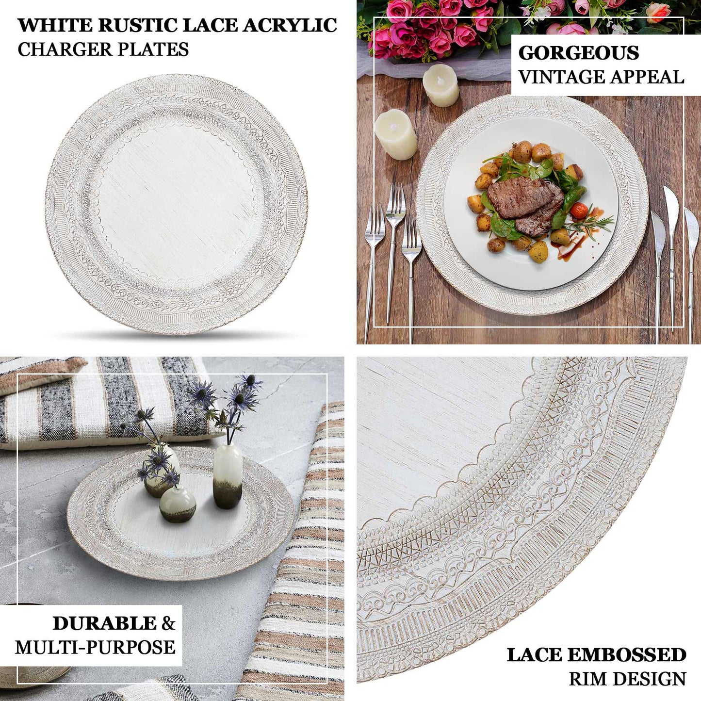 6-Pack Acrylic Round Charger Plates 13" in Silver with Lace Embossed Rim, Rustic Plastic Decorative Charger Tableware
