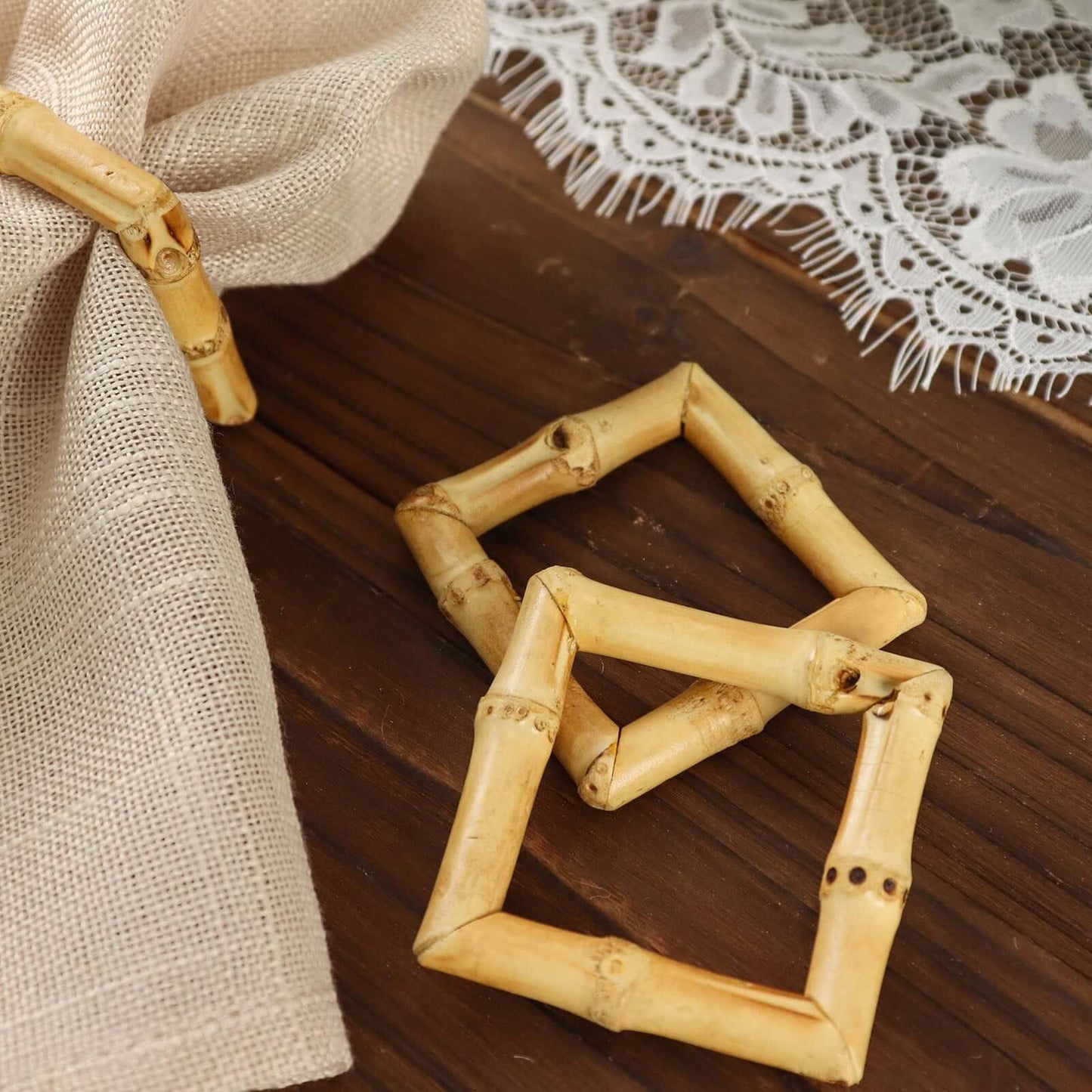 4 Pack Natural Bamboo Wooden Square Napkin Rings, Rustic Boho Chic Napkin Holders