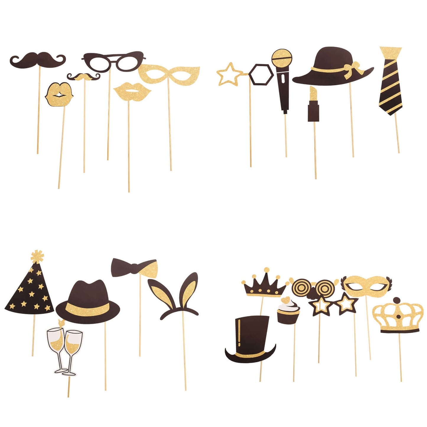 24 Pack Vintage Black Gold Glitter Fun Party Photo Booth Props, DIY Party Theme Supplies