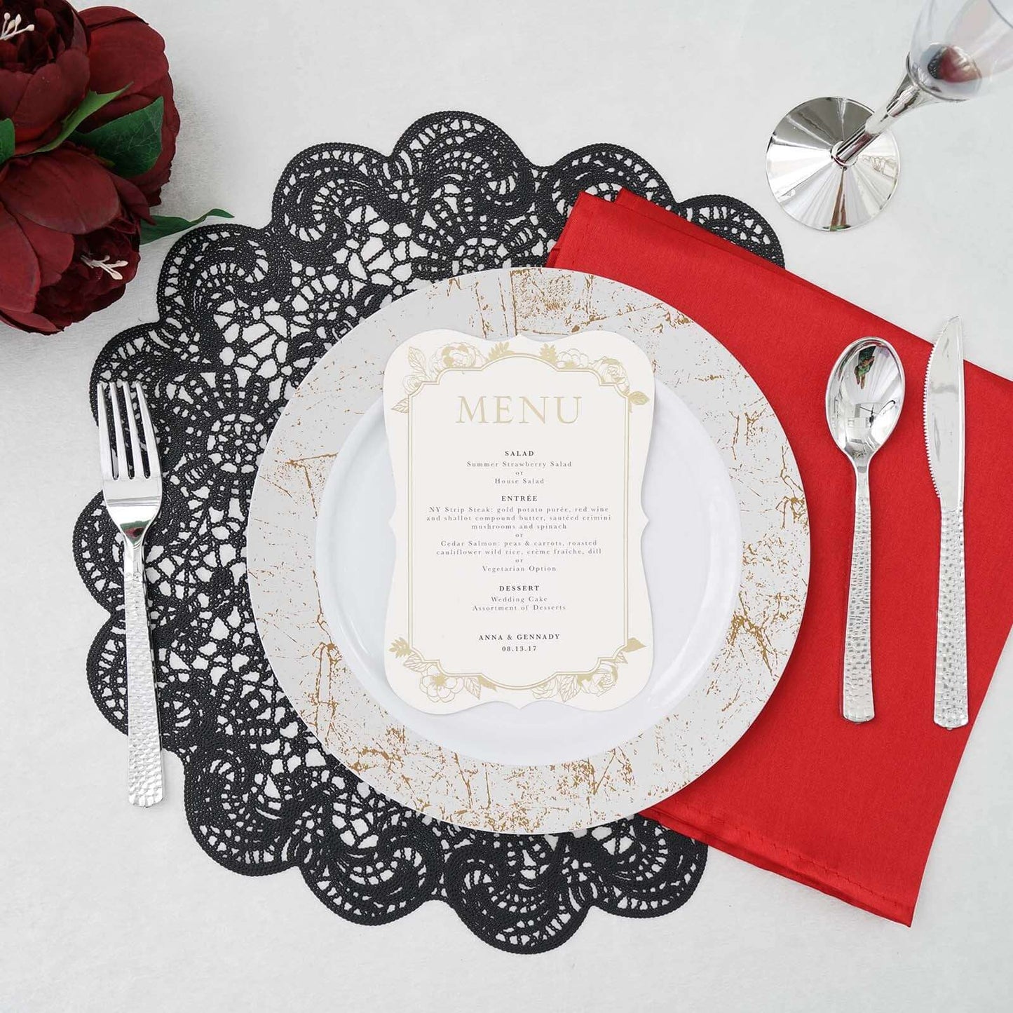 6-Pack Dining Table Mats Floral Lace Design Black - Vinyl Non-Slip Surface with Vintage Appeal 15"