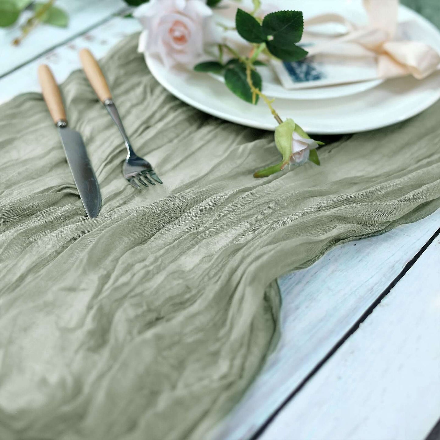 Gauze Cheesecloth 10ft Table Runner Dusty Sage Green - Rustic Boho Style