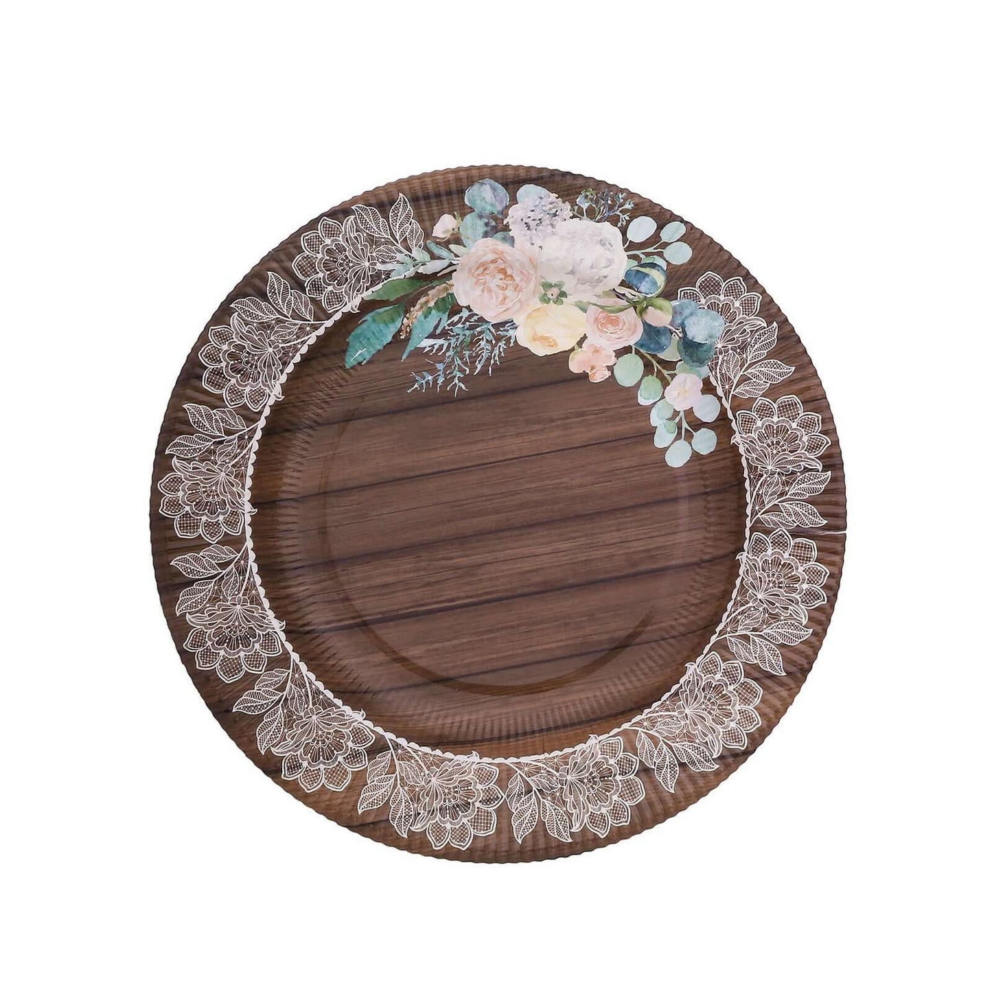 25-Pack Paper 10" Round Dinner Plates in Brown Wood Print with Floral Lace Rim - Disposable Party Plates for Farmhouse Weddings & Rustic Themes