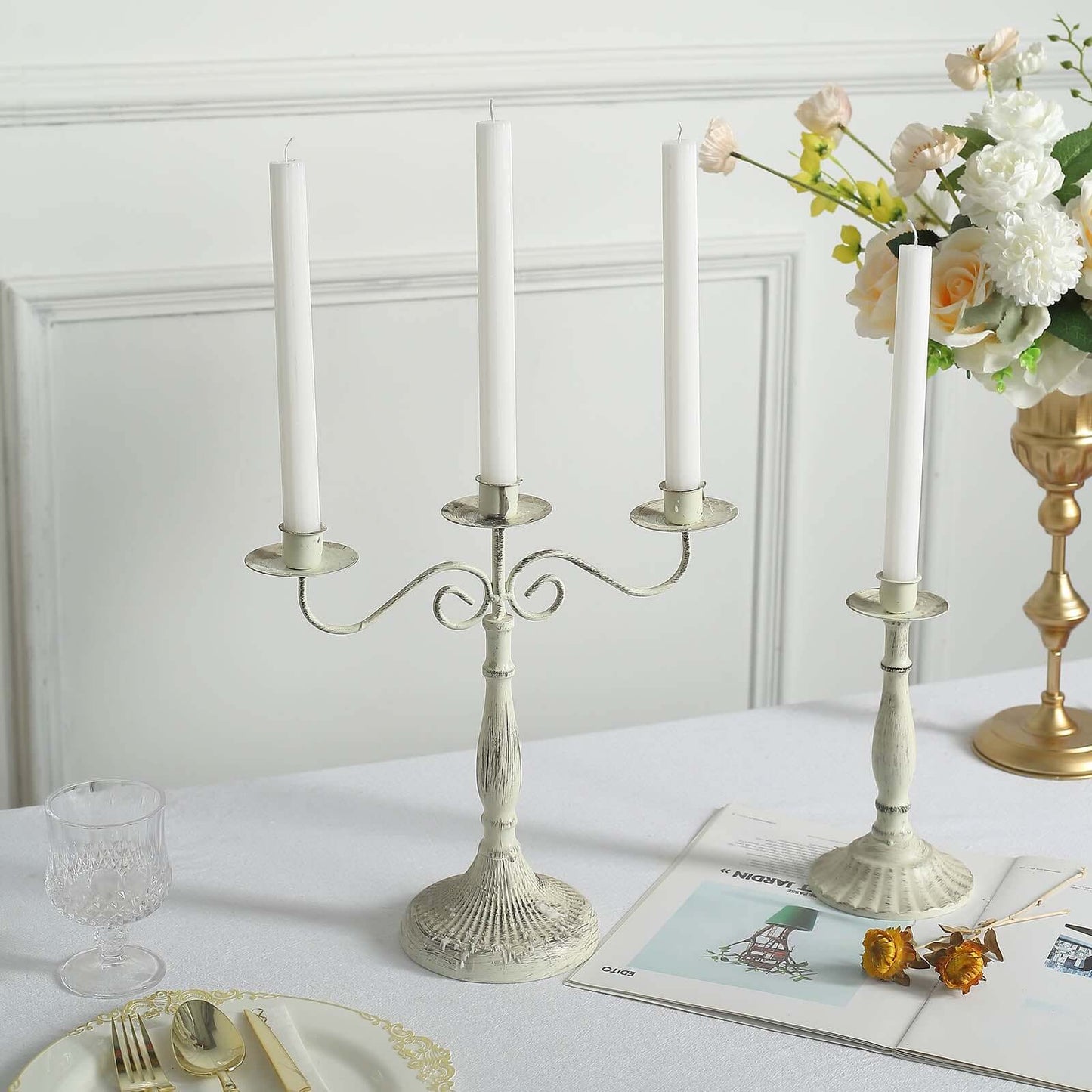 5-Pack Taper Candles Ribbed Wick Ribbon Wax Design White - Premium Unscented Dinner Candles 9"