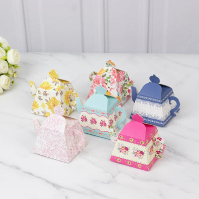 24 Pack Cardboard Favor Boxes in Mixed Vintage Floral Tea Pot Design - Elegant Gift Box for Weddings & Baby Showers - 5"x4"