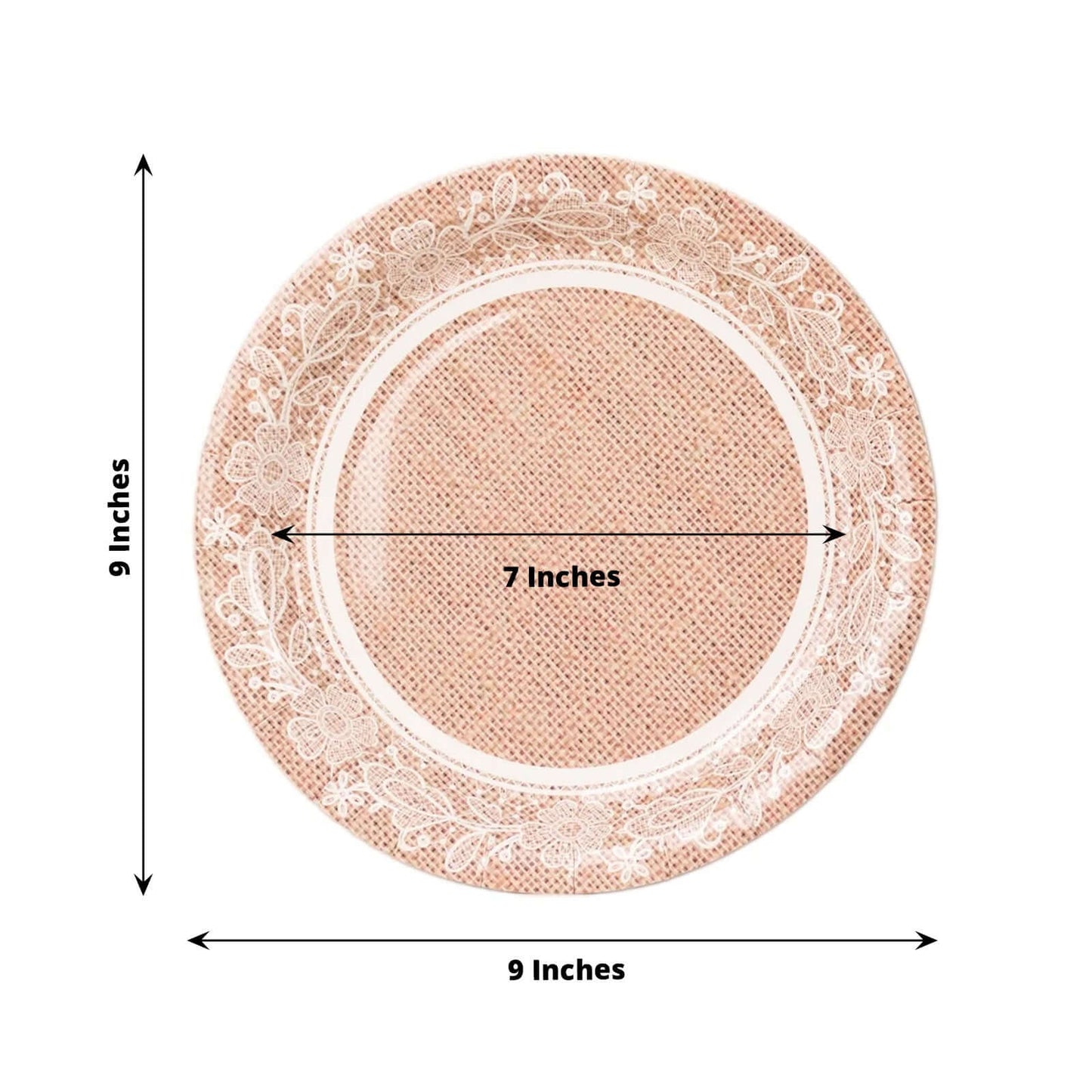 25-Pack Paper 9" Round Dinner Plates in Natural Burlap Print with White Floral Lace Rim - Rustic Farmhouse Inspired Disposable Party Plates