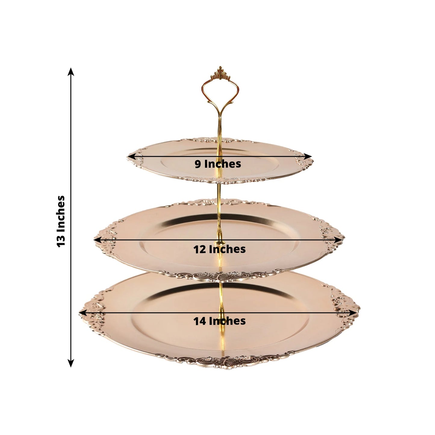 3-Tier Plastic Round Cupcake Stand Metallic Gold - Vintage-Inspired Reusable Dessert Display Holder Tea Party Serving Tray Platter with Baroque Rim & Top Handle 13"
