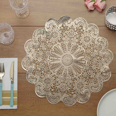 6-Pack Dining Table Mats Floral Lace Design Gold - Vinyl Non-Slip Surface with Vintage Appeal 15"