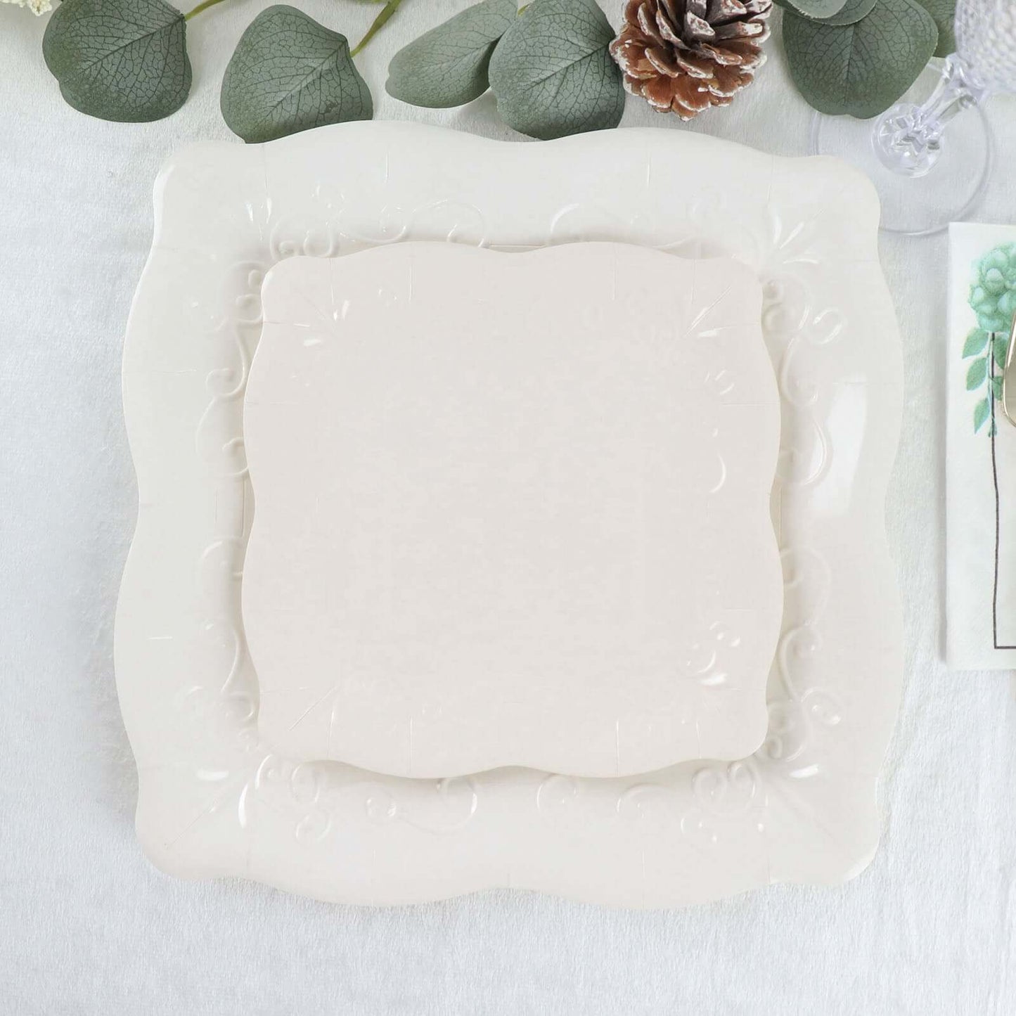 25-Pack Paper 11" Square Dinner Plates in White with Vintage Pottery Embossed Design - Shiny Disposable Serving Plates