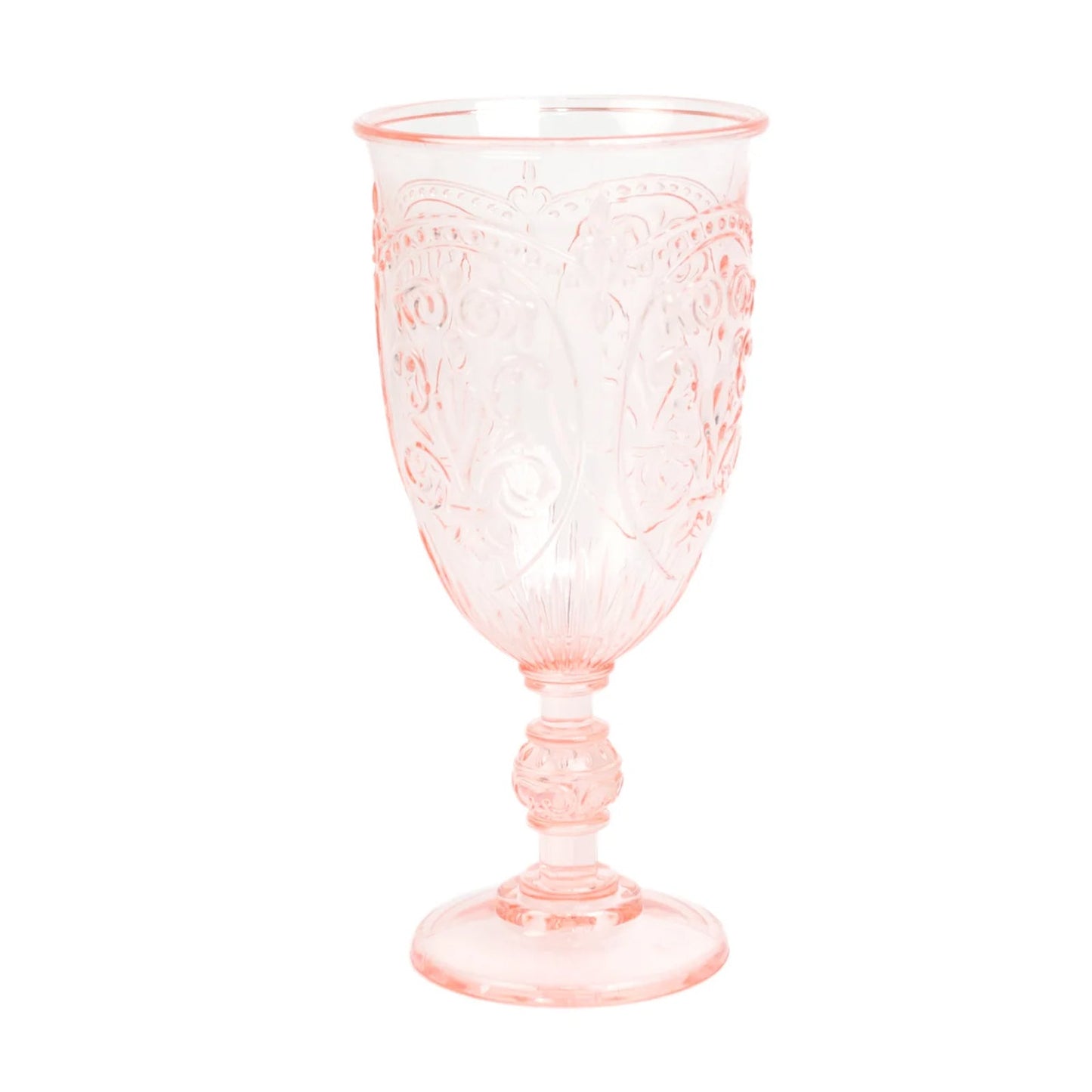 24-Pack Plastic Wine Glasses 10oz â€“ Transparent Blush Vintage Goblets with Retro Embossed Design, Elegant Drinkware - 7" Tall