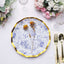 25-Pack Paper Round Dinner Plates 10" in White with Blue French Toile Pattern & Gold Wavy Rim - Disposable 350GSM Party Plates
