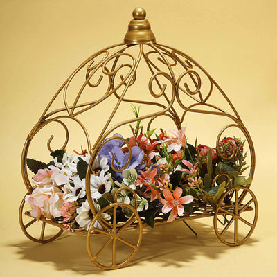 Pumpkin Carriage Table Centerpiece Gold Wrought Iron Wedding Display - Vintage Decor 11"