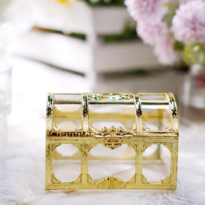 12-Pack Vintage Jewelry Box Candy Containers Clear Gold - Stylish Treasure Chest Favor Boxes 3.5"