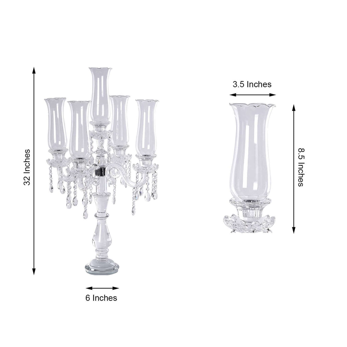 5 Arm Crystal Glass Taper Candle Holder Candelabra, Stylish Table Centerpiece With Chandelier Chains 32"