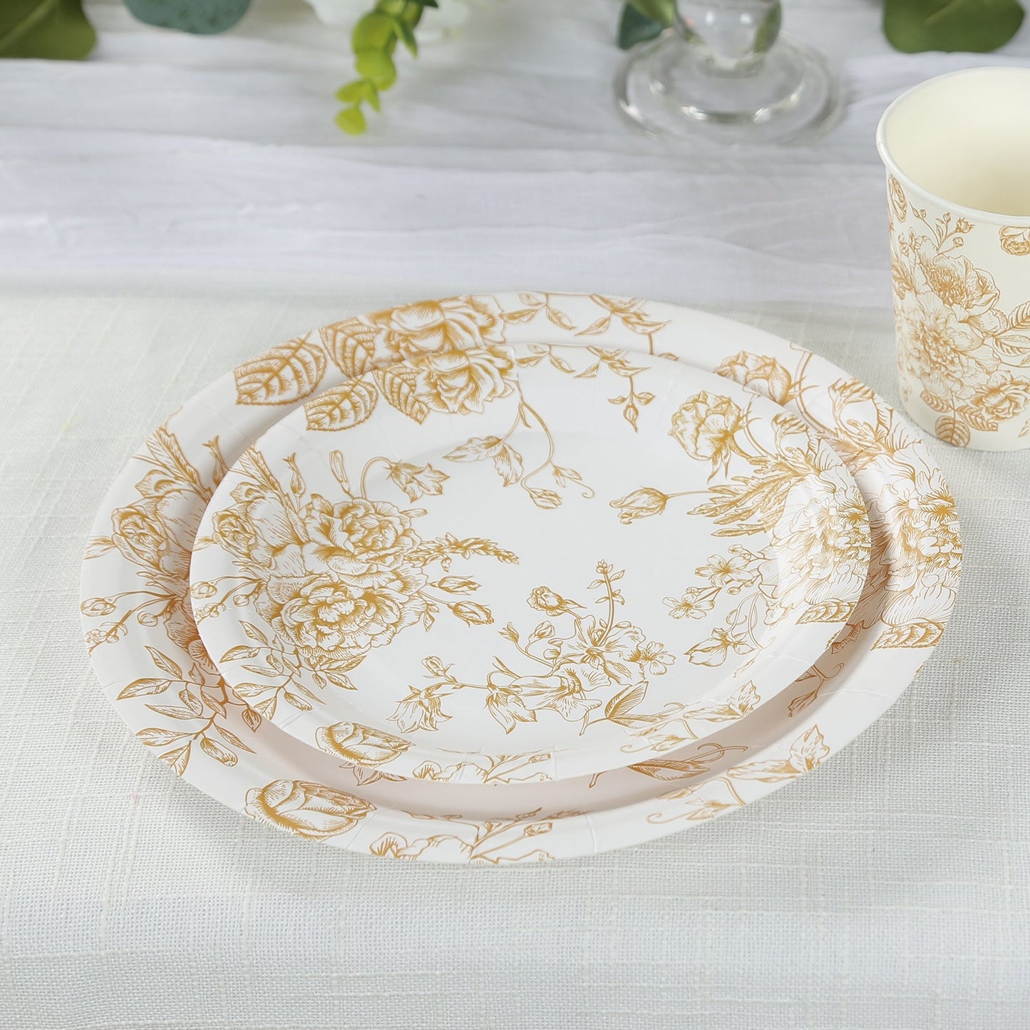 25-Pack Paper 7" Round Dessert Plates in White with Gold French Toile Pattern - Disposable Floral Salad Appetizer Plates for Chic Event Decor