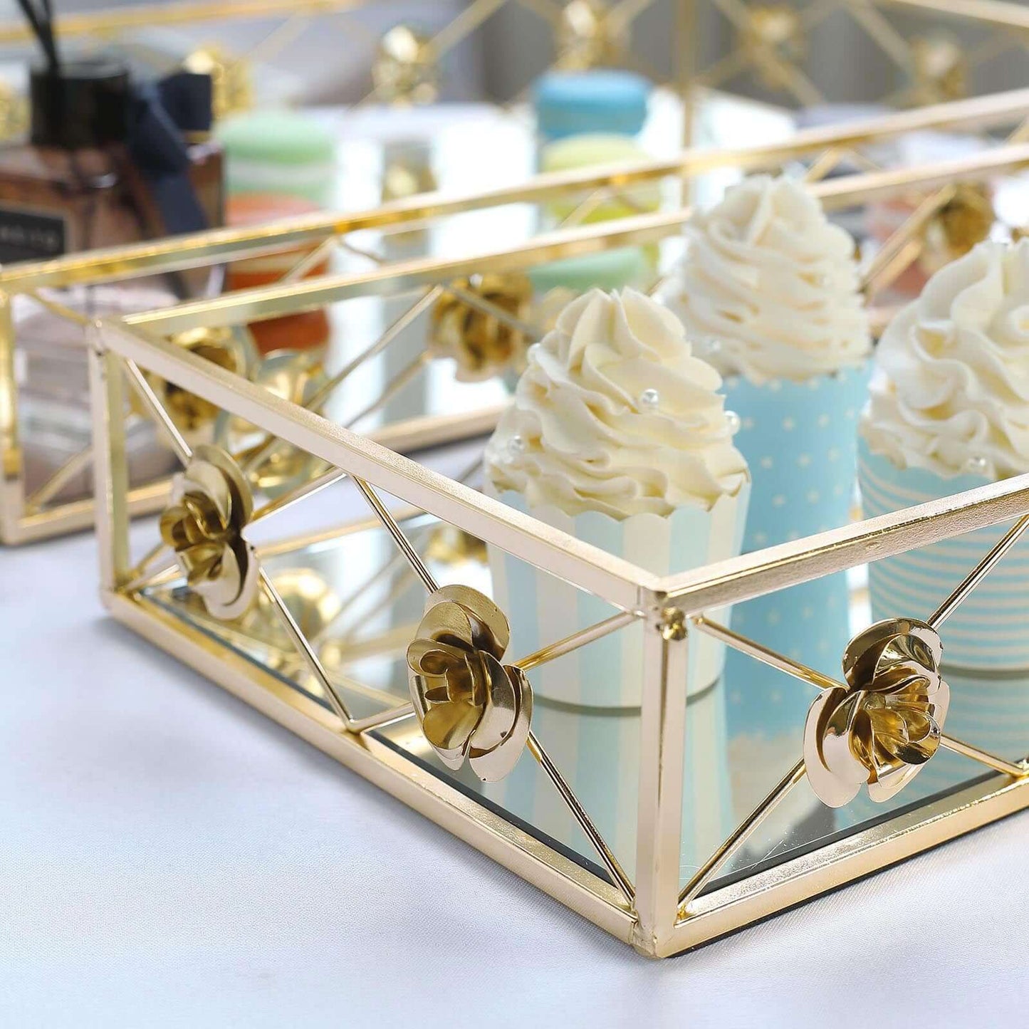 Set of 2 Metal Mirrored Rectangle Serving Trays in Gold with Rose Borders, Glamorous Decorative Vanity Tray Centerpiece 15"x8", 19"x12"