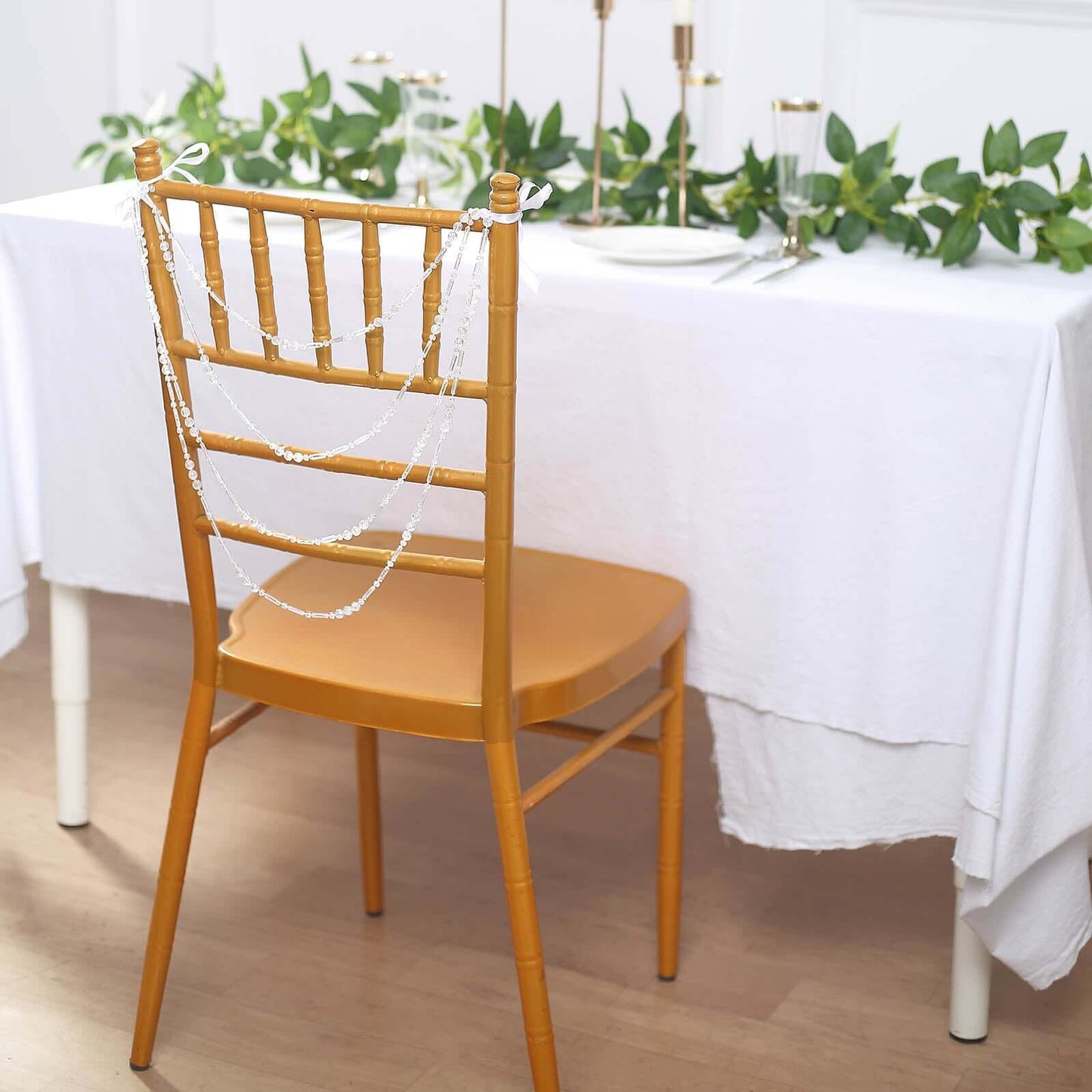 Faux Pearl Beaded 16" Chair Back Garland Sash Iridescent Gatsby-Inspired Style - Pre-Tied Chic Wedding Decor for Chiavari Chairs