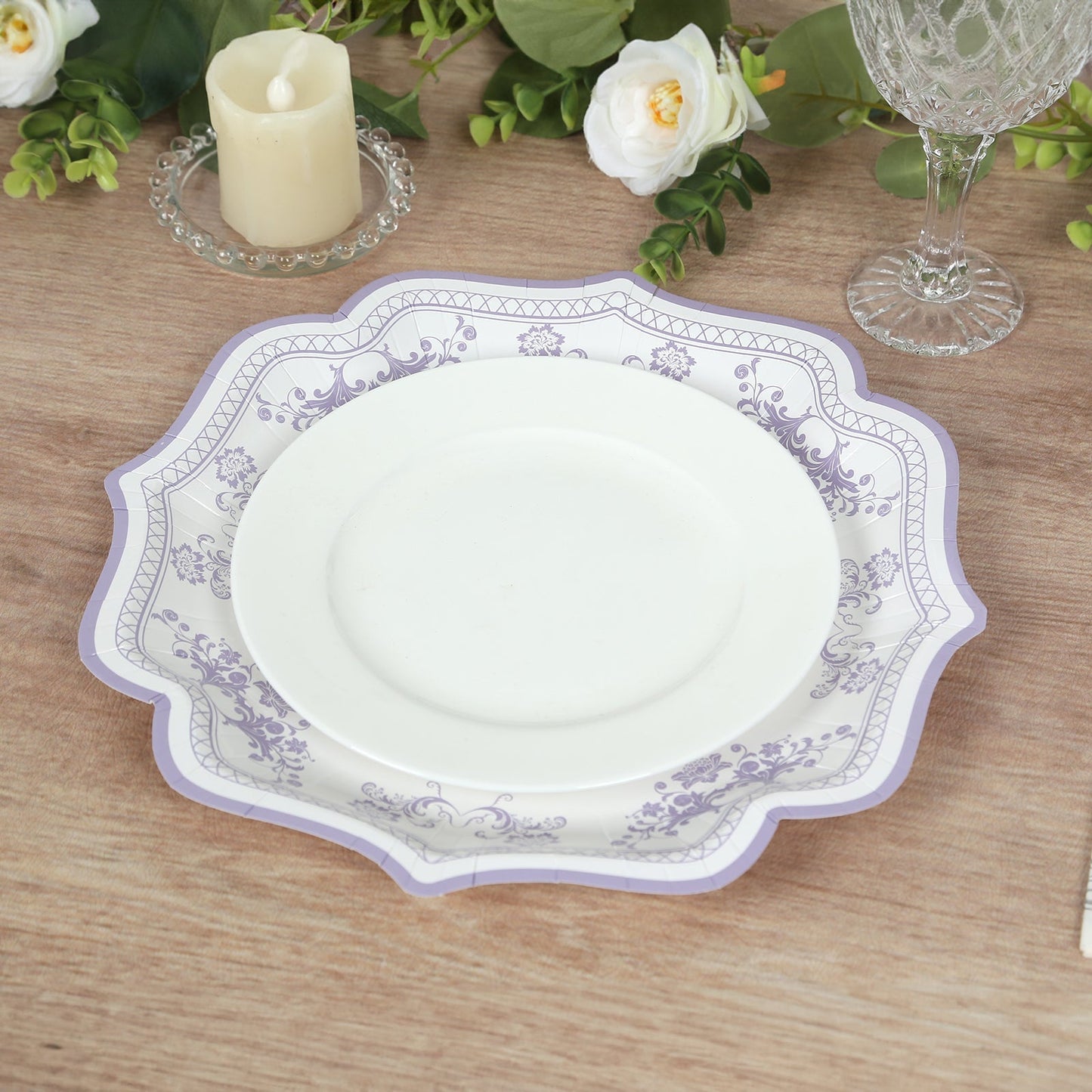 25-Pack Paper Dinner Plates in White Lavender Lilac Damask Floral Print & Scallop Rim - Stylish Disposable 300GSM Floral Party Plates 10"