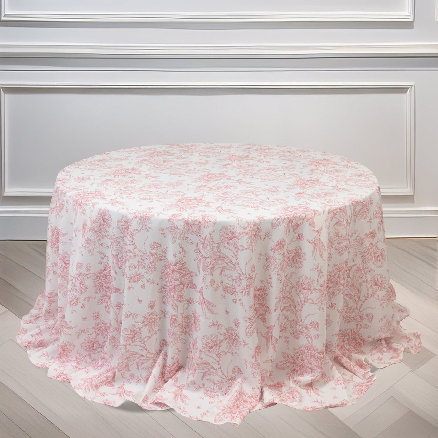 Polyester 132" Round Tablecloth White - Pink French Toile Pattern for Chic Weddings